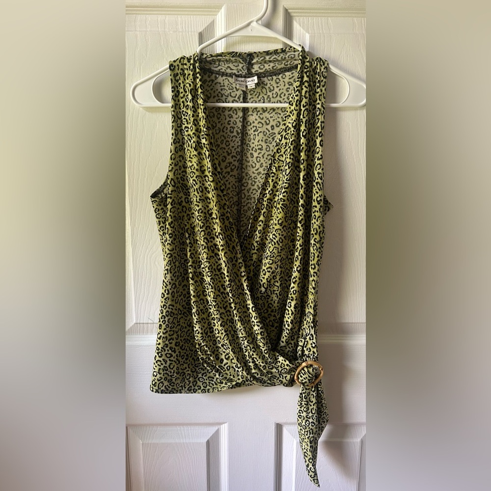 Andre Oliver Green Cheetah print surplus blouse with bottom tie, Medium